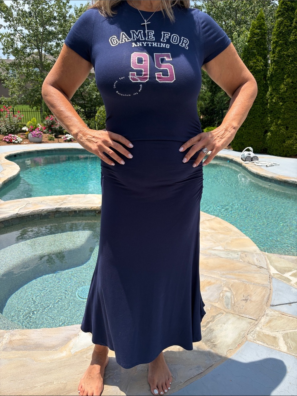 Navy Short-Sleeve Maxi Dress with Pink '95' Graphic